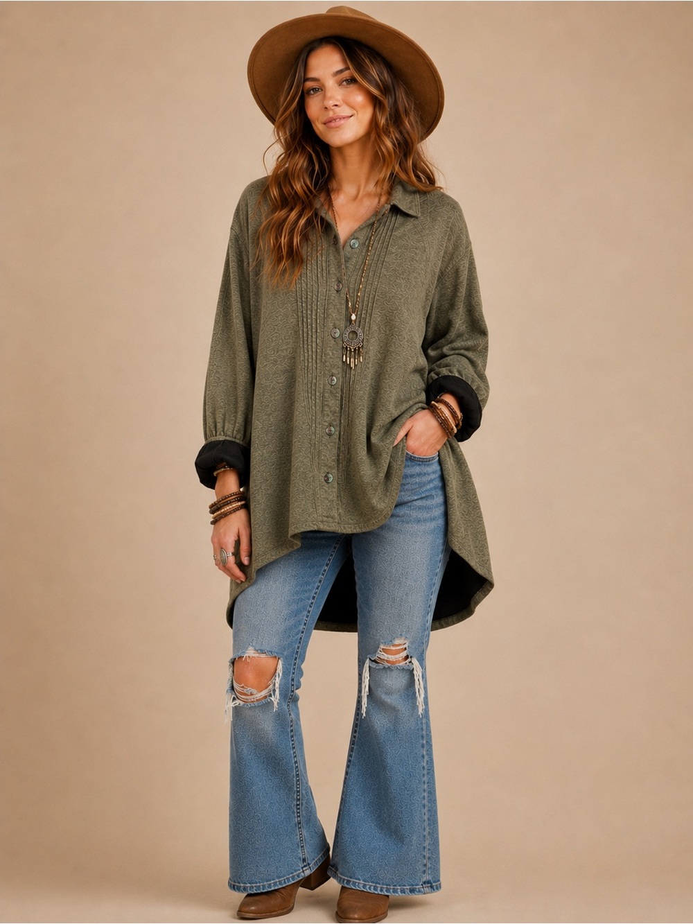 Parsley & Sage Oversized Olive Green Reversible Button-Front Boho High-Low Tunic